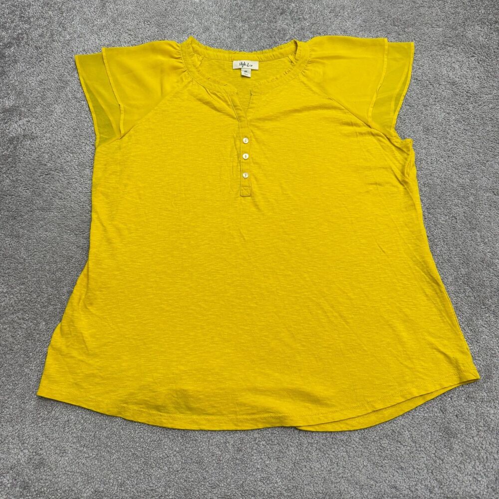 Style & Co Flutter Sleeve Henley Slub Knit Blouse Top Women 2XL Yellow Casual